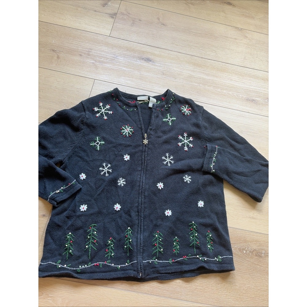 Women's Vintage Field Gear Size XL Zip Up Sweater Embroidered Snowflake Flower